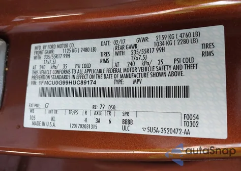 2017 Ford Escape Se из США, поврежденный, VIN 1FMCU0G99HUC89174